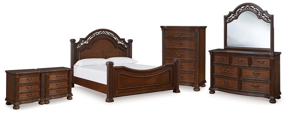 Lavinton Brown Queen Poster Bed, Dresser, Mirror, Chest and 2 Nightstands from Ashley Furniture - Luna Furniture