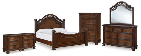 Lavinton Brown Queen Poster Bed, Dresser, Mirror, Chest and 2 Nightstands from Ashley Furniture - Luna Furniture