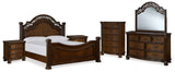 Lavinton King Poster Bed with Mirrored Dresser, Chest and 2 Nightstands in Brown from Ashley Furniture - Luna Furniture
