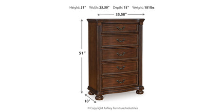 Lavinton California King Poster Bed with Mirrored Dresser, Chest and Nightstand in Brown from Ashley - Luna Furniture