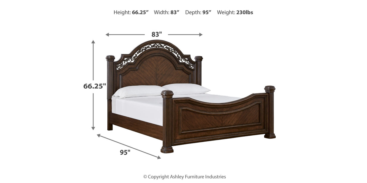 Lavinton King Poster Bed with Mirrored Dresser and Chest in Brown from Ashley - Luna Furniture