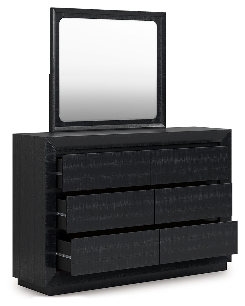 Londer Black King Panel Bed with Mirrored Dresser from Ashley - Luna Furniture