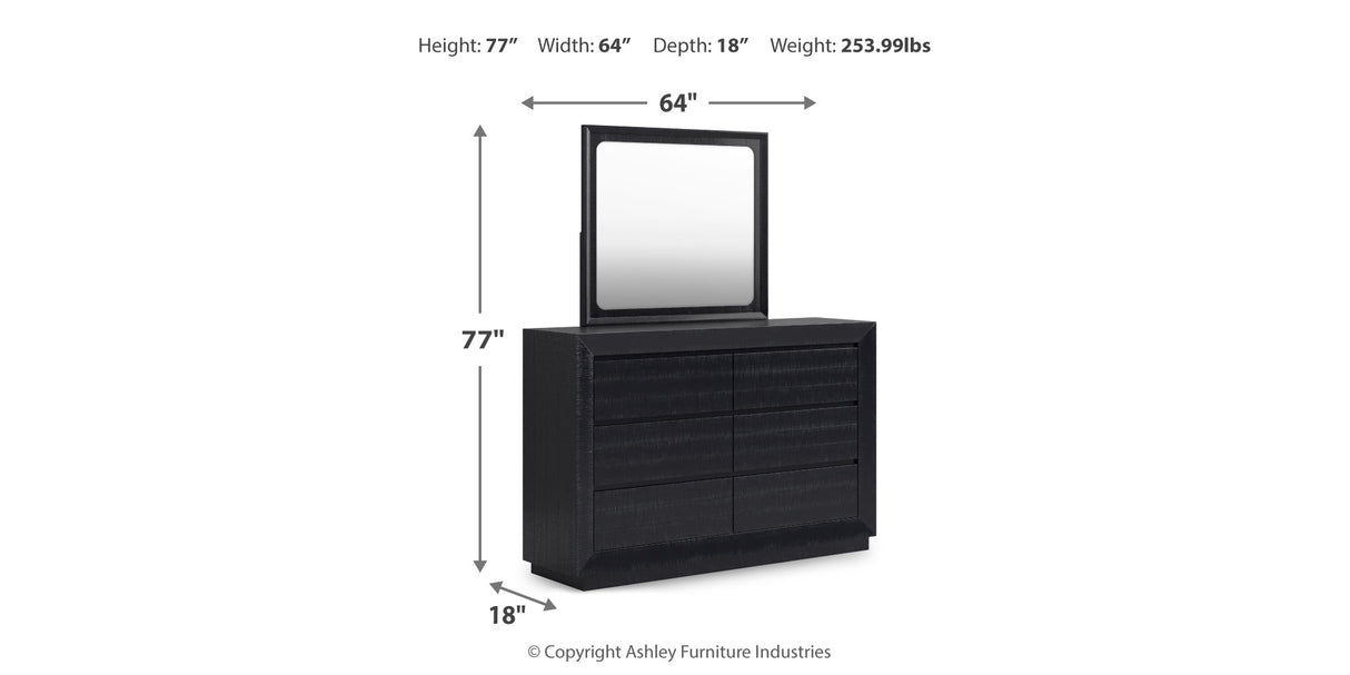 Londer Queen Panel Bed with Mirrored Dresser and Nightstand in Black from Ashley - Luna Furniture