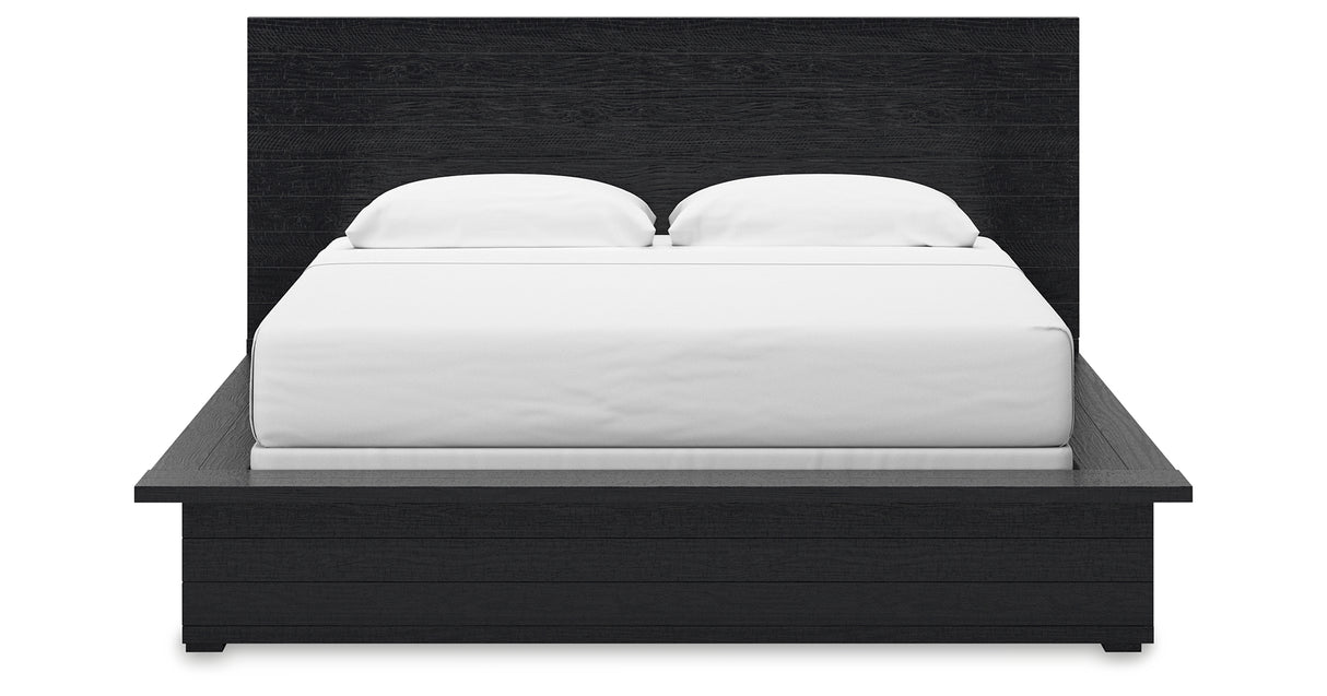 Londer King Panel Bed with Mirrored Dresser in Black from Ashley - Luna Furniture