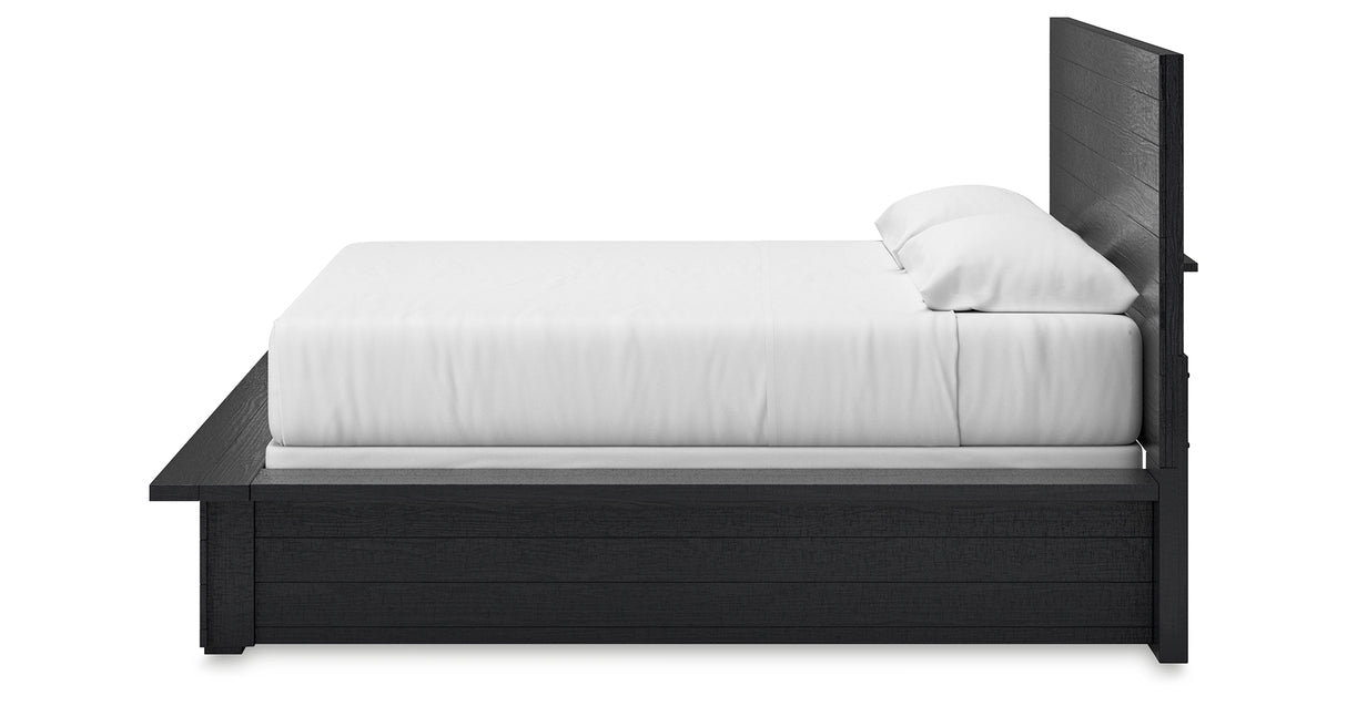 Londer King Panel Bed with Mirrored Dresser in Black from Ashley - Luna Furniture
