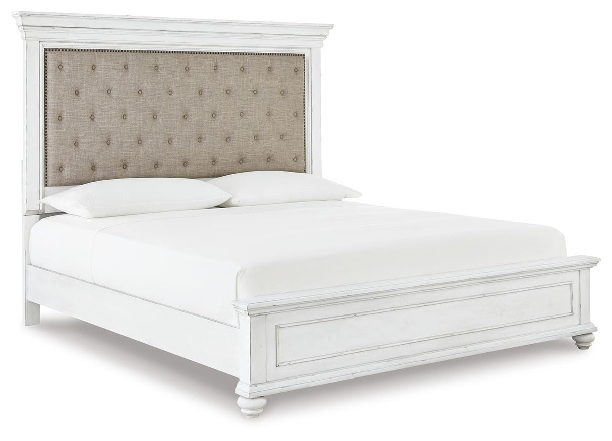 Kanwyn Whitewash King Upholstered Panel Bed, Dresser and Mirror from Ashley - Luna Furniture