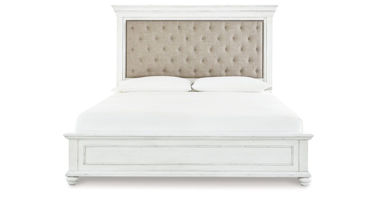 Kanwyn Whitewash King Upholstered Panel Bed, Dresser and Mirror from Ashley - Luna Furniture