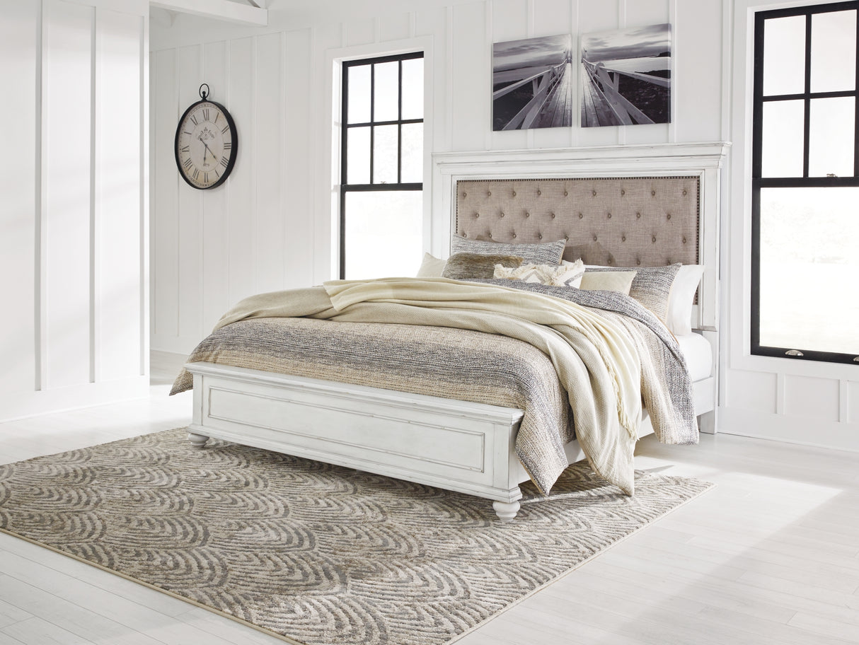 Kanwyn Whitewash King Upholstered Panel Bed, Dresser and Mirror from Ashley - Luna Furniture