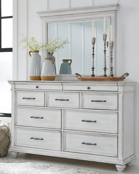 Kanwyn King Panel Bed with Mirrored Dresser and 2 Nightstands in Whitewash from Ashley Furniture - Luna Furniture