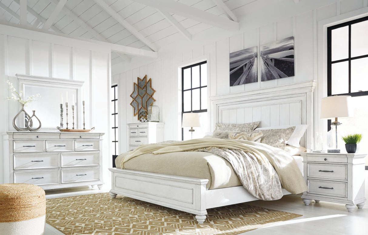 Kanwyn Queen Panel Bed with Mirrored Dresser and 2 Nightstands in Whitewash from Ashley - Luna Furniture