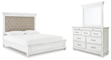 Kanwyn Whitewash King Upholstered Panel Bed, Dresser and Mirror from Ashley - Luna Furniture