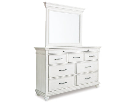 Kanwyn Queen Panel Bed with Mirrored Dresser and 2 Nightstands in Whitewash from Ashley Furniture - Luna Furniture