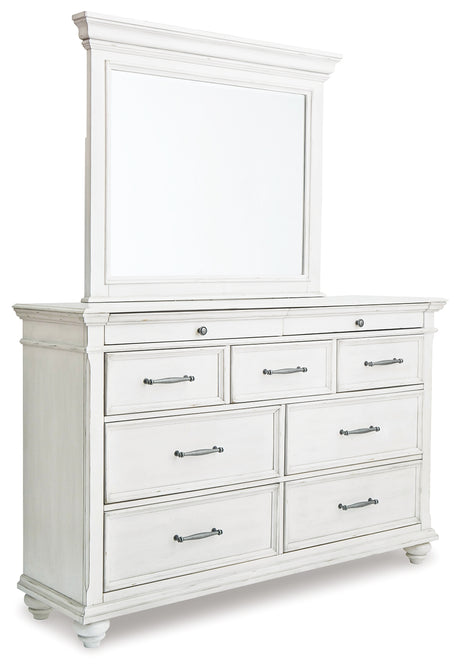 Kanwyn King Panel Bed with Mirrored Dresser and 2 Nightstands in Whitewash from Ashley Furniture - Luna Furniture