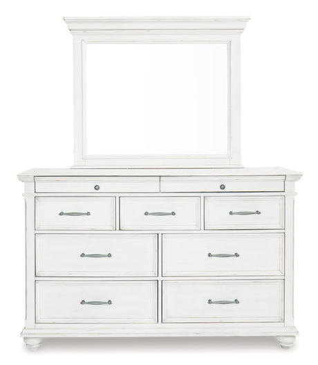 Kanwyn Queen Panel Bed with Storage with Mirrored Dresser and 2 Nightstands in Whitewash from Ashley Furniture - Luna Furniture