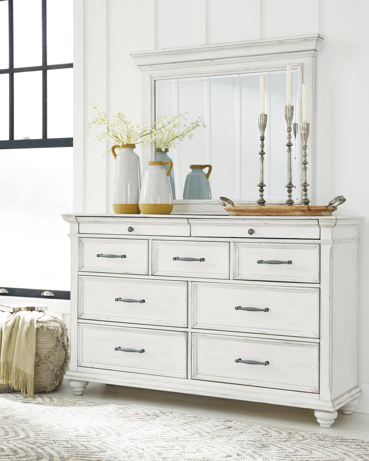 Kanwyn Whitewash King Upholstered Panel Bed, Dresser and Mirror from Ashley - Luna Furniture