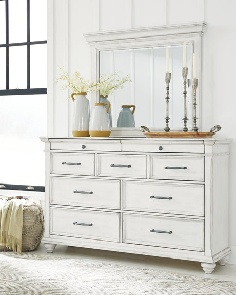 Kanwyn Whitewash King Upholstered Panel Bed, Dresser and Mirror from Ashley - Luna Furniture