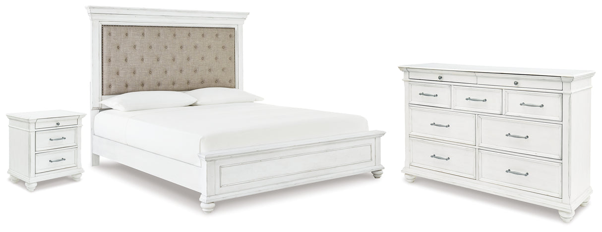 Kanwyn Whitewash King Upholstered Panel Bed, Dresser and Nightstand from Ashley - Luna Furniture
