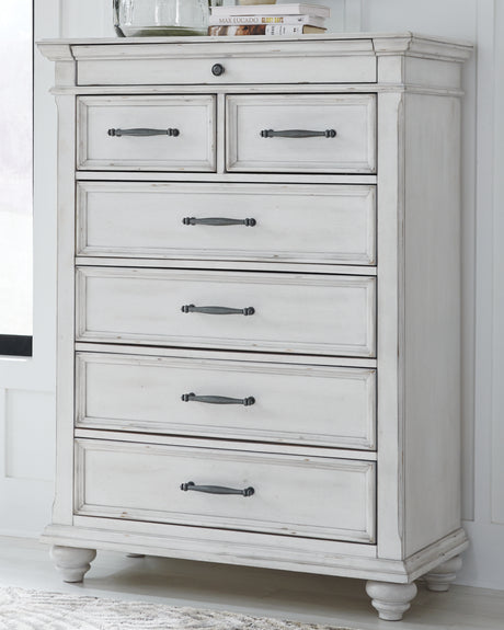 Kanwyn King Panel Bed with Mirrored Dresser and Chest in Whitewash from Ashley Furniture - Luna Furniture