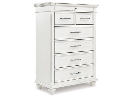 Kanwyn Queen Panel Bed with Mirrored Dresser and Chest in Whitewash from Ashley Furniture - Luna Furniture