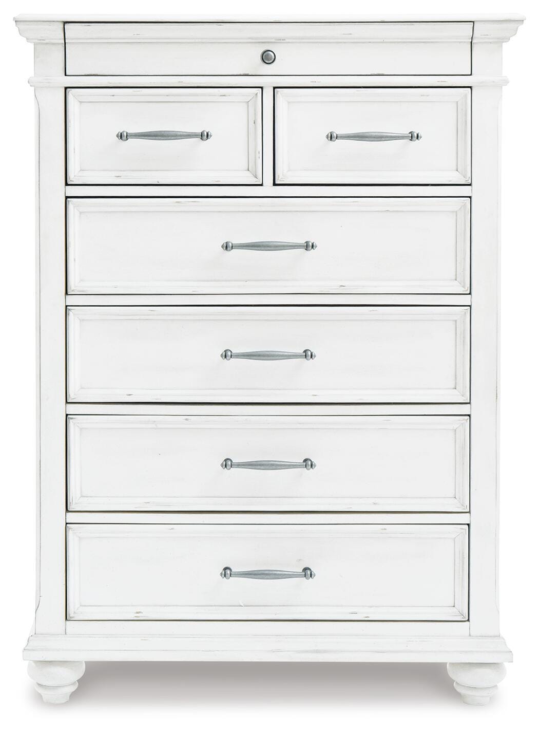Kanwyn King Panel Bed with Mirrored Dresser, Chest and 2 Nightstands in Whitewash from Ashley - Luna Furniture