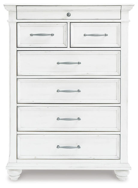 Kanwyn King Panel Bed with Mirrored Dresser, Chest and 2 Nightstands in Whitewash from Ashley Furniture - Luna Furniture