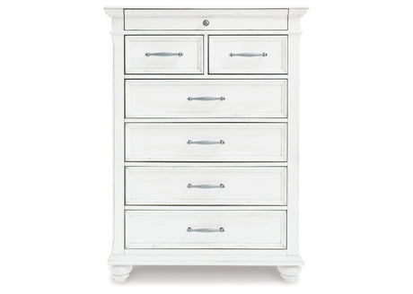 Kanwyn King Panel Bed with Mirrored Dresser and Chest in Whitewash from Ashley Furniture - Luna Furniture