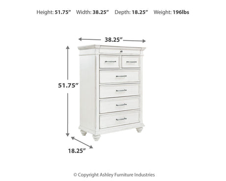 Kanwyn King Panel Bed with Storage with Mirrored Dresser, Chest and 2 Nightstands in Whitewash from Ashley Furniture - Luna Furniture