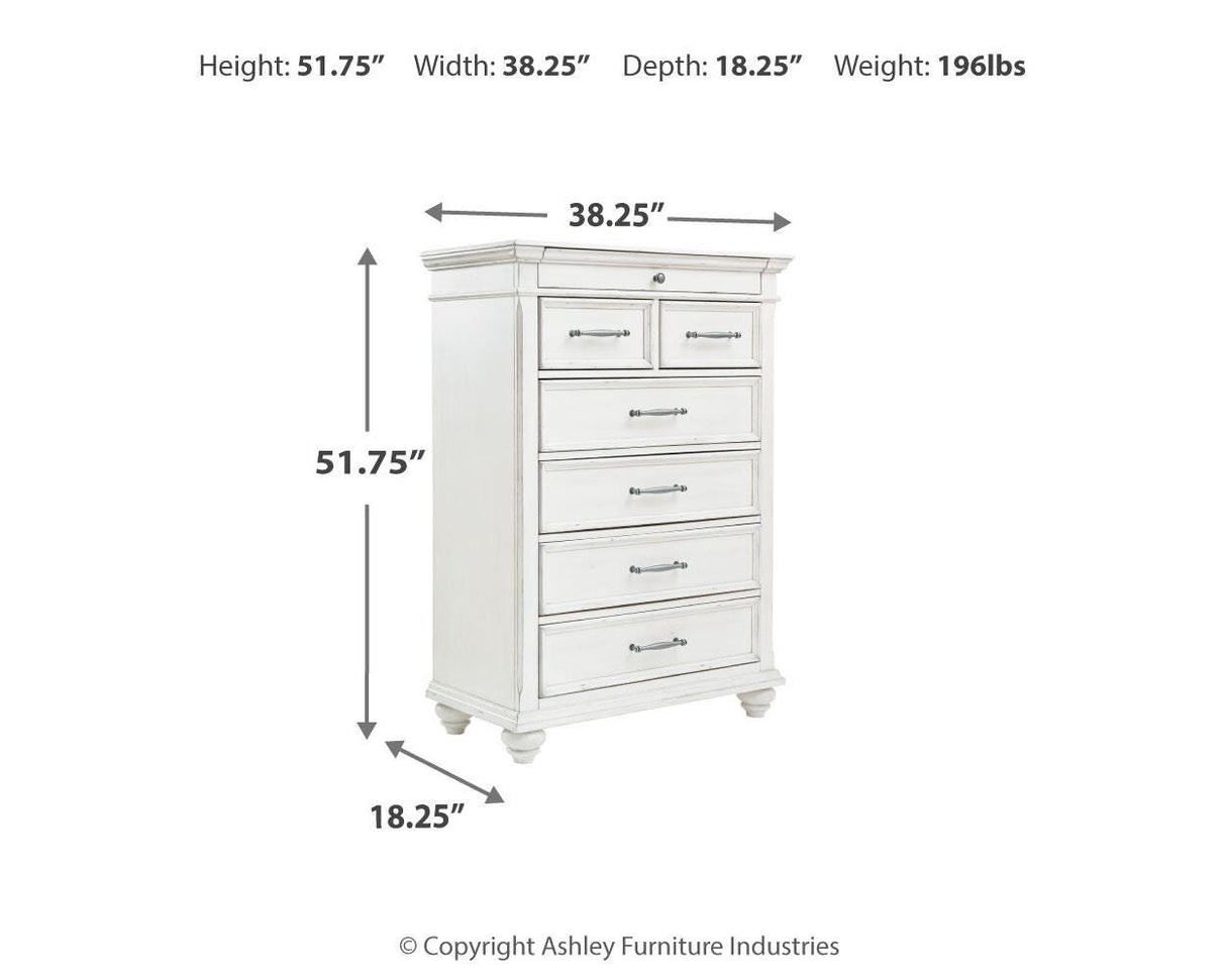 Kanwyn King Panel Bed with Mirrored Dresser, Chest and 2 Nightstands in Whitewash from Ashley - Luna Furniture