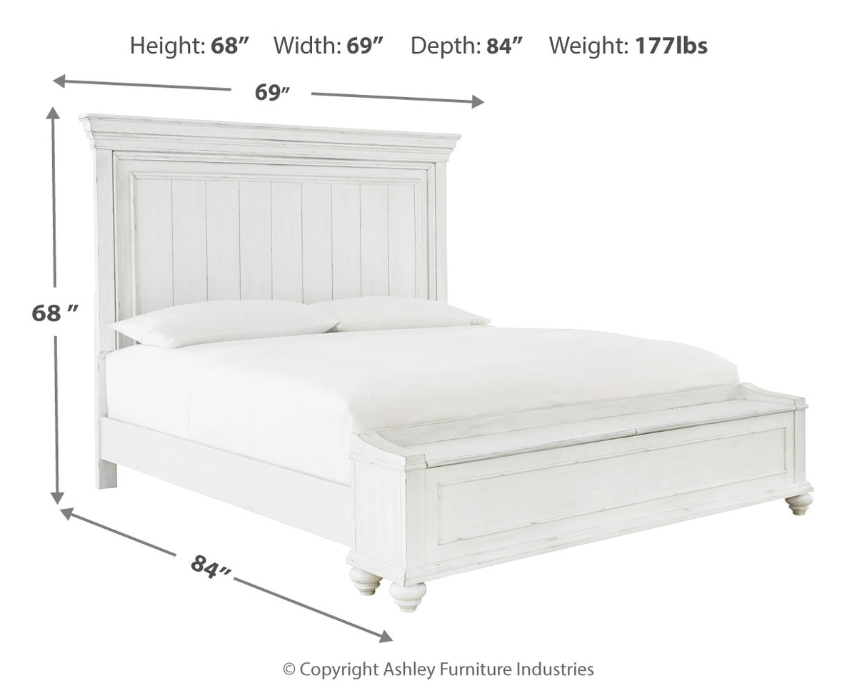 Kanwyn Queen Panel Bed with Storage with Mirrored Dresser and 2 Nightstands in Whitewash from Ashley - Luna Furniture