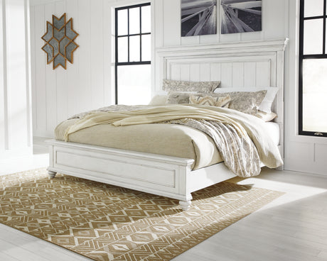 Kanwyn Queen Panel Bed with Mirrored Dresser and 2 Nightstands in Whitewash from Ashley Furniture - Luna Furniture