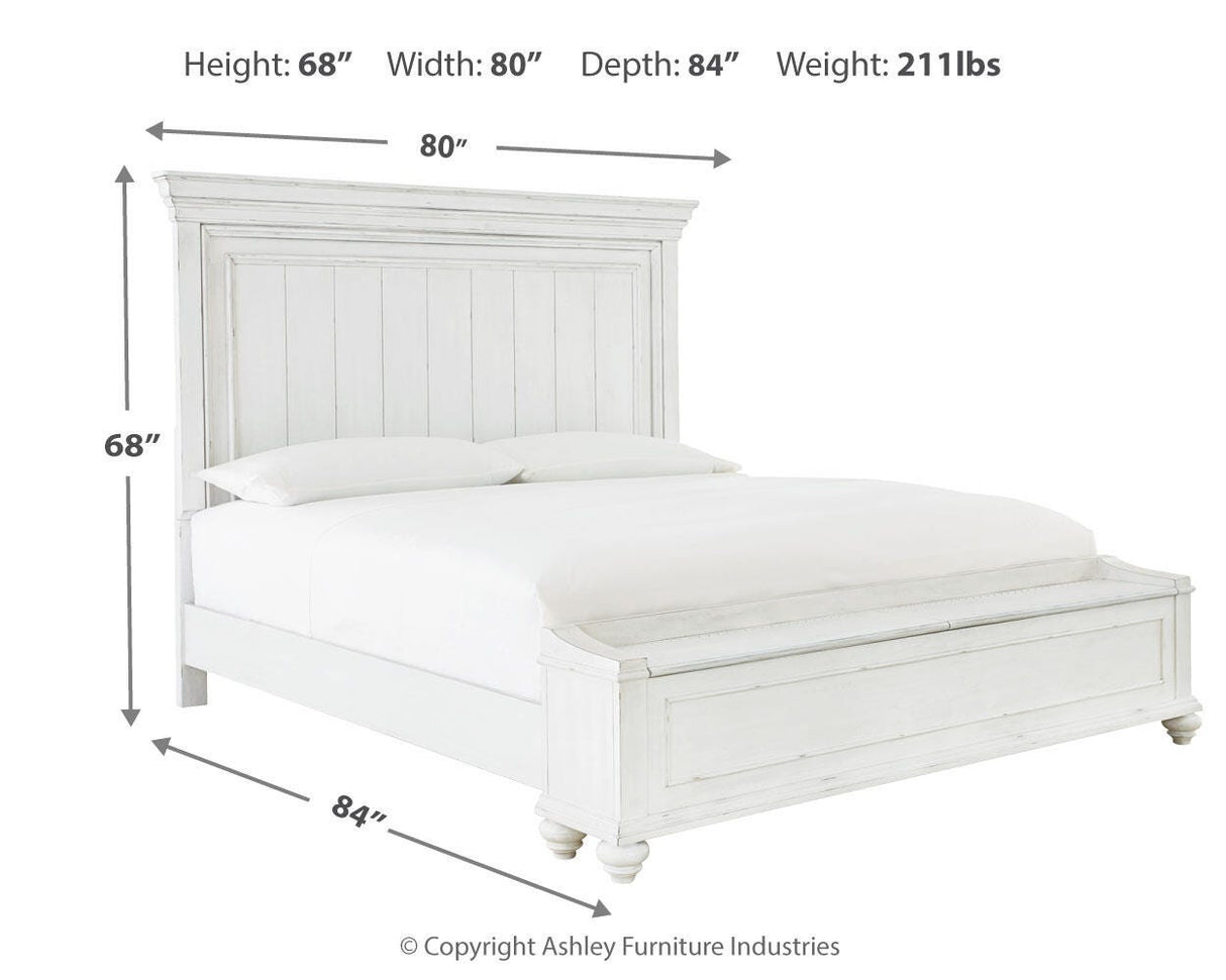 Kanwyn King Panel Bed with Storage with Mirrored Dresser, Chest and 2 Nightstands in Whitewash from Ashley Furniture - Luna Furniture