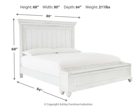 Kanwyn King Panel Bed with Storage with Mirrored Dresser, Chest and 2 Nightstands in Whitewash from Ashley Furniture - Luna Furniture