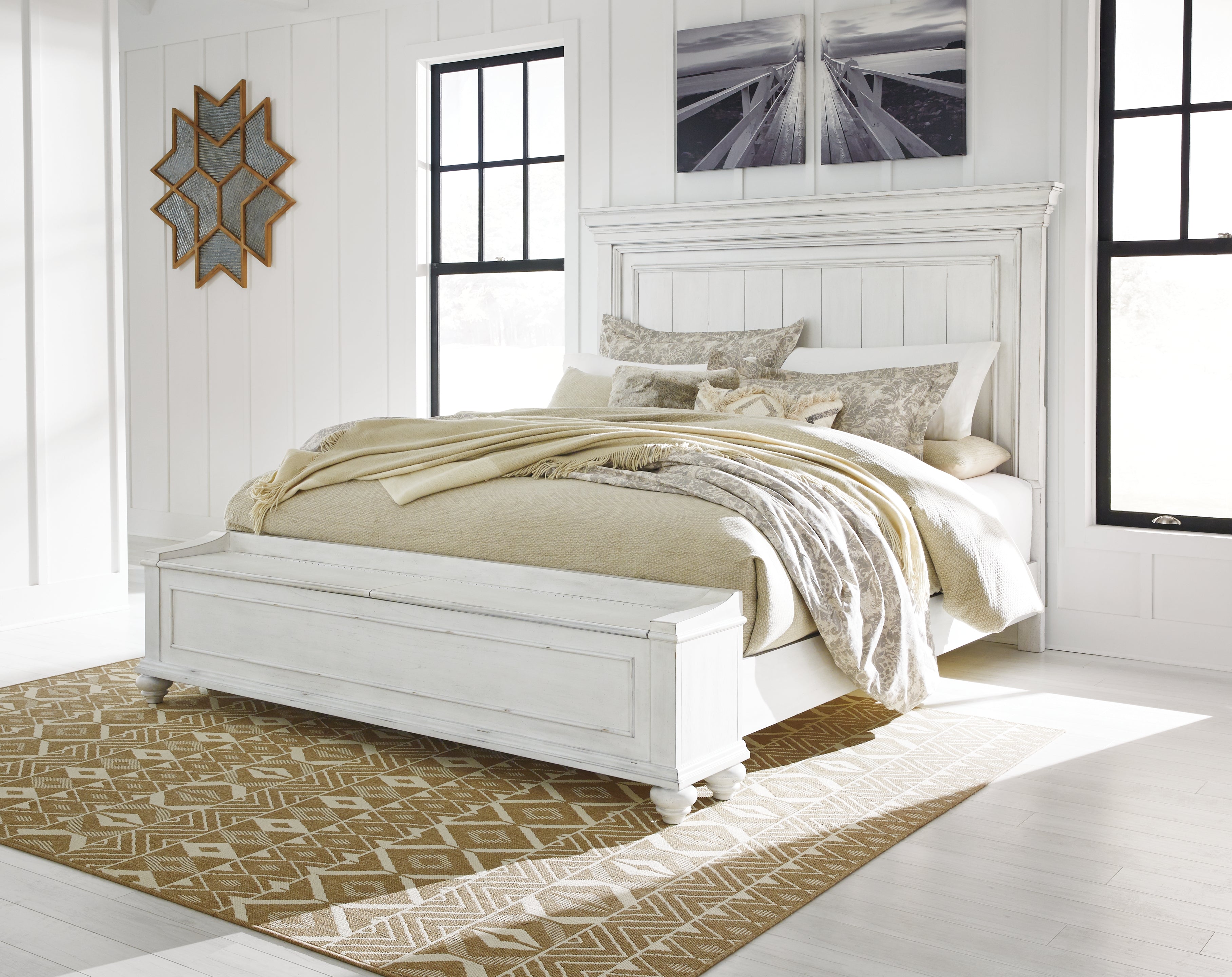 Kanwyn Whitewash California King Panel Bed with Storage Bench