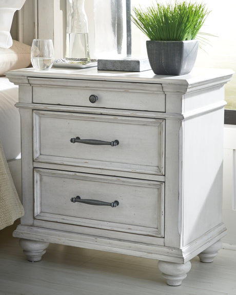 Kanwyn King Panel Bed with Mirrored Dresser and 2 Nightstands in Whitewash from Ashley Furniture - Luna Furniture
