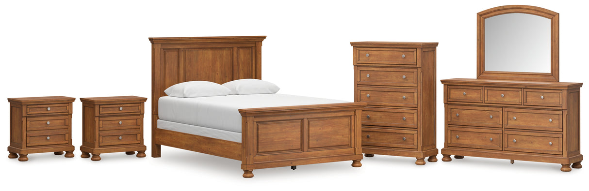 Feddinger Queen Panel Bed with Mirrored Dresser, Chest and 2 Nightstands in Medium Brown from Ashley Furniture - Luna Furniture