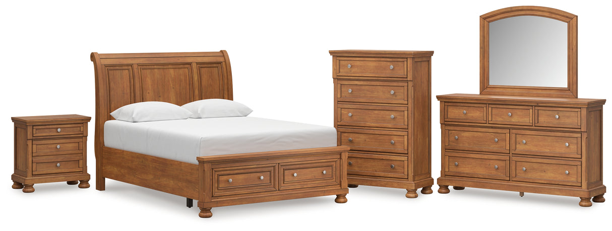 Feddinger Queen Storage Sleigh Bed with Mirrored Dresser, Chest and Nightstand in Medium Brown from Ashley Furniture - Luna Furniture