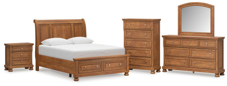 Feddinger Queen Storage Sleigh Bed with Mirrored Dresser, Chest and Nightstand in Medium Brown from Ashley Furniture - Luna Furniture
