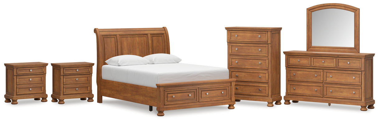 Feddinger Queen Storage Sleigh Bed with Mirrored Dresser, Chest and 2 Nightstands in Medium Brown from Ashley Furniture - Luna Furniture