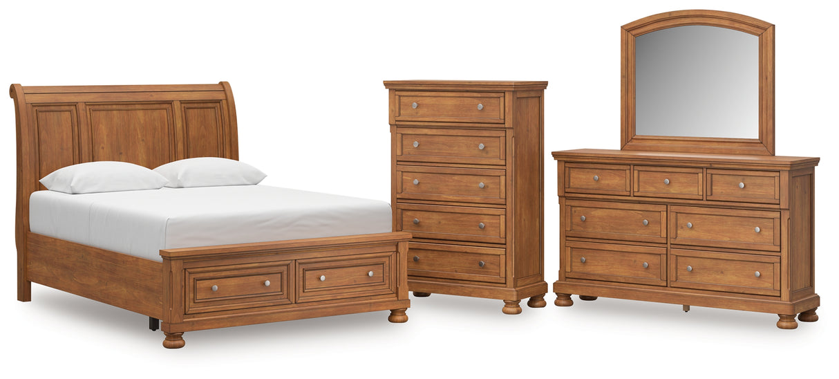 Feddinger Queen Storage Sleigh Bed with Mirrored Dresser and Chest in Medium Brown from Ashley Furniture - Luna Furniture