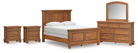 Feddinger Queen Panel Bed with Mirrored Dresser and 2 Nightstands in Medium Brown from Ashley - Luna Furniture