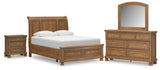 Feddinger Queen Storage Sleigh Bed with Mirrored Dresser and Nightstand in Medium Brown from Ashley Furniture - Luna Furniture
