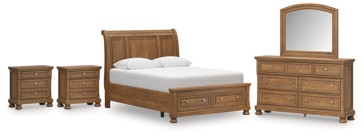 Feddinger Queen Storage Sleigh Bed with Mirrored Dresser and 2 Nightstands in Medium Brown from Ashley Furniture - Luna Furniture