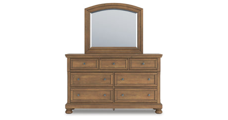 Feddinger California King Storage Sleigh Bed with Mirrored Dresser, Chest and Nightstand in Medium Brown from Ashley Furniture - Luna Furniture