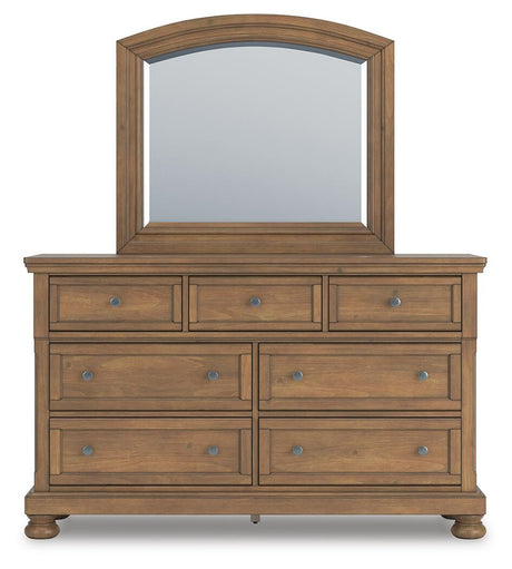 Feddinger Chestnut Queen Panel Bed, Dresser, Mirror, Chest and 2 Nightstands from Ashley - Luna Furniture