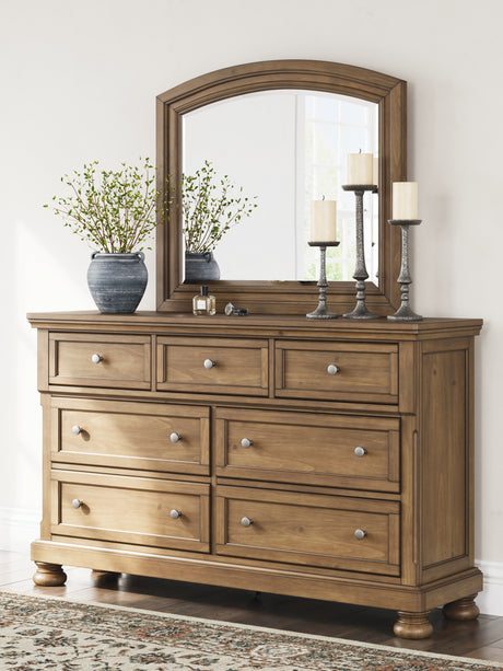 Feddinger Chestnut Queen Panel Bed, Dresser, Mirror, Chest and 2 Nightstands from Ashley - Luna Furniture