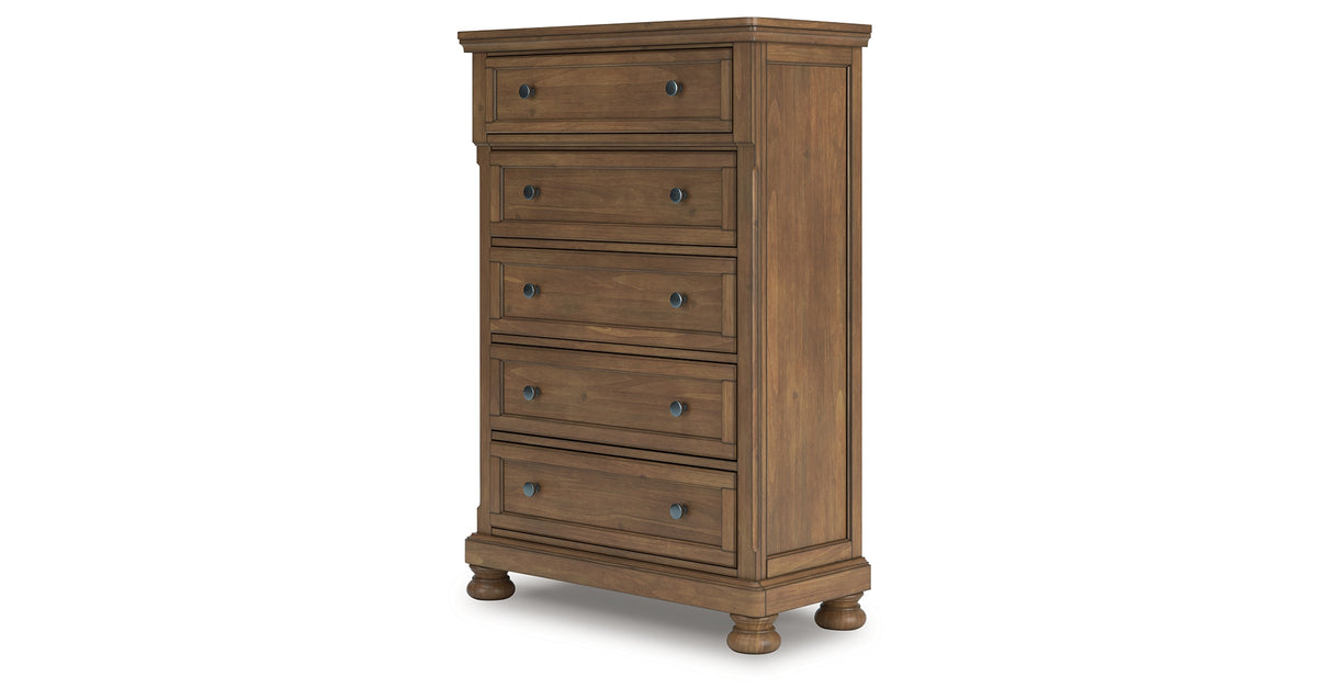Feddinger California King Storage Sleigh Bed with Mirrored Dresser, Chest and Nightstand in Medium Brown from Ashley Furniture - Luna Furniture