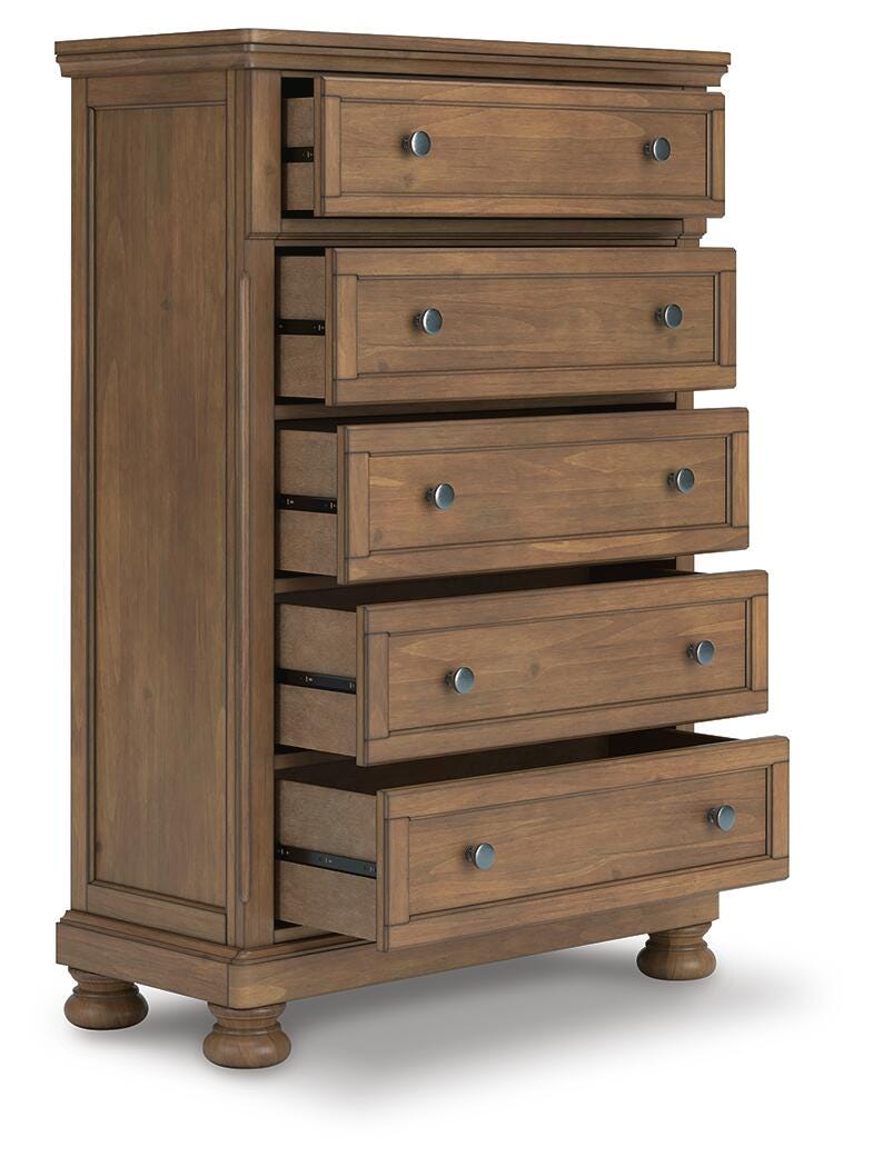 Feddinger Chestnut Queen Panel Bed, Dresser, Mirror, Chest and 2 Nightstands from Ashley - Luna Furniture