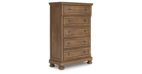 Feddinger King Panel Bed with Mirrored Dresser and Chest in Medium Brown from Ashley - Luna Furniture