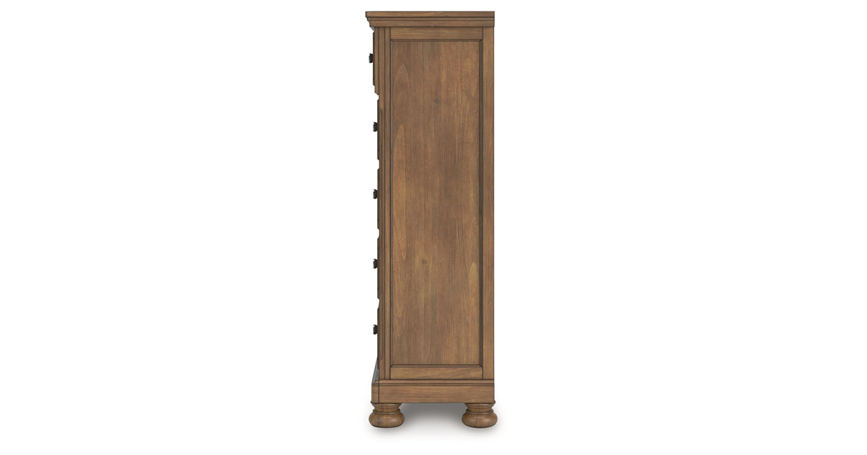 Feddinger California King Panel Bed with Mirrored Dresser and Chest in Medium Brown from Ashley Furniture - Luna Furniture