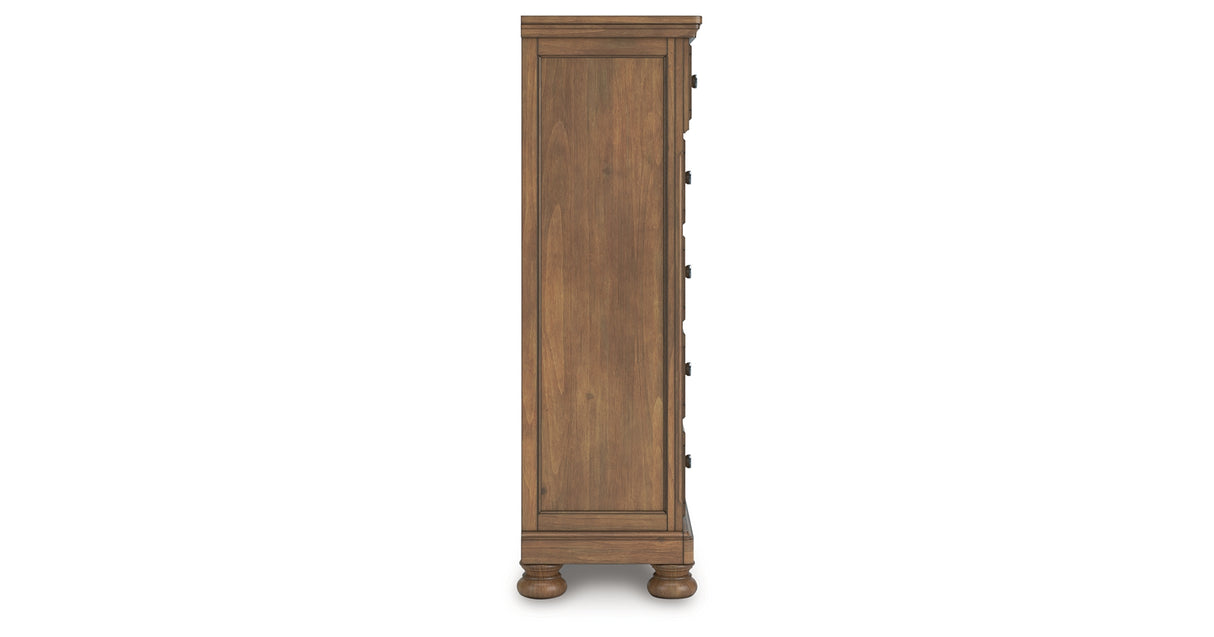 Feddinger Queen Panel Bed with Mirrored Dresser, Chest and 2 Nightstands in Medium Brown from Ashley Furniture - Luna Furniture